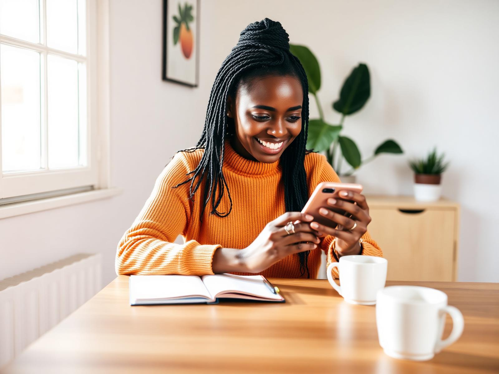 A Kenyan woman completing a survey on her phone at a sunlit desk